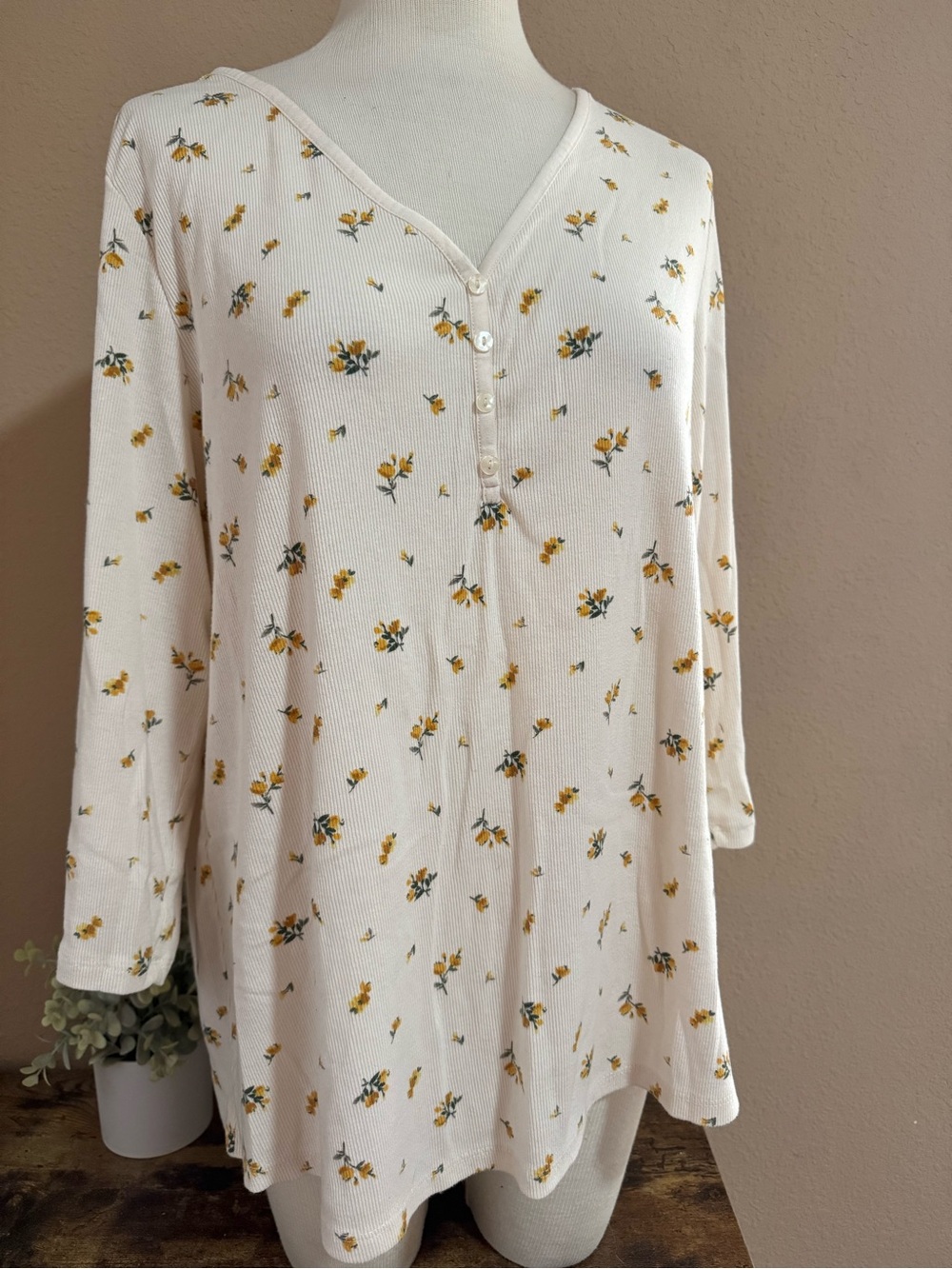 Old Navy Cream Floral Henley Long Sleeve Top with Yellow Blossoms